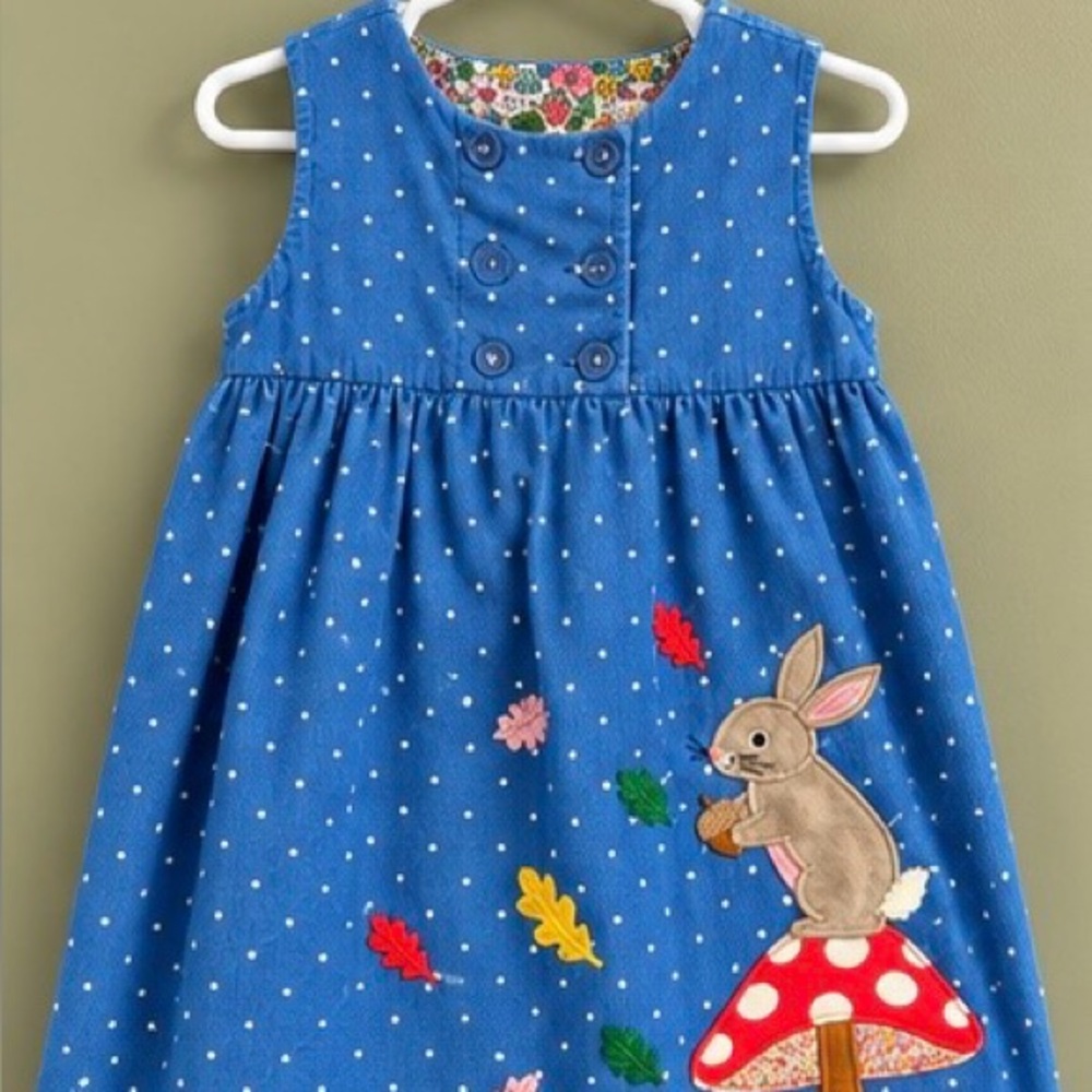 Baby Boden Blue Corduroy Bunny Appliqué Dress with Multicolor Leaves